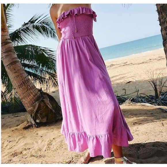 Free People Dresses & Skirts - Free People Maxi Dress  Small Purple Linen Smocked Ruffle Boho Strapless